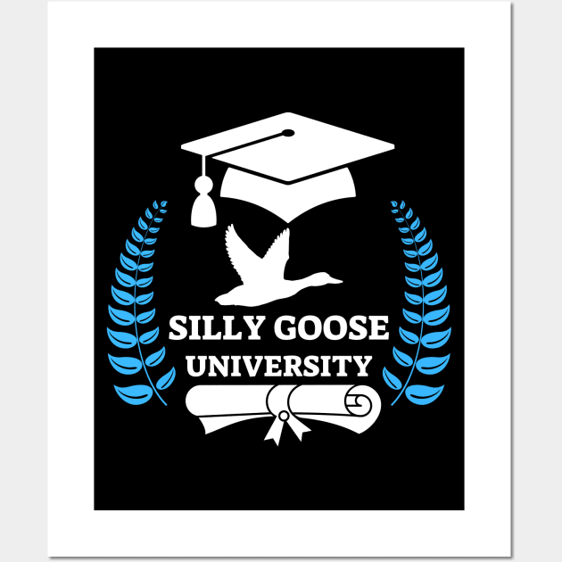 Silly Goose University - Flying Goose White Design With Blue Details Wall Art by Double E Design